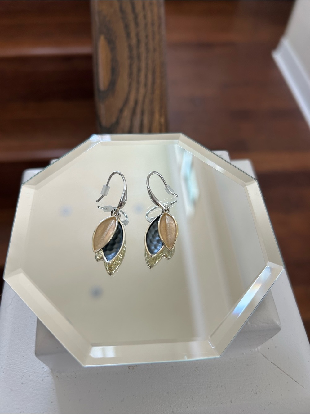 Two-Tone Leaf Drop Earrings in Gold and Blue/Gray